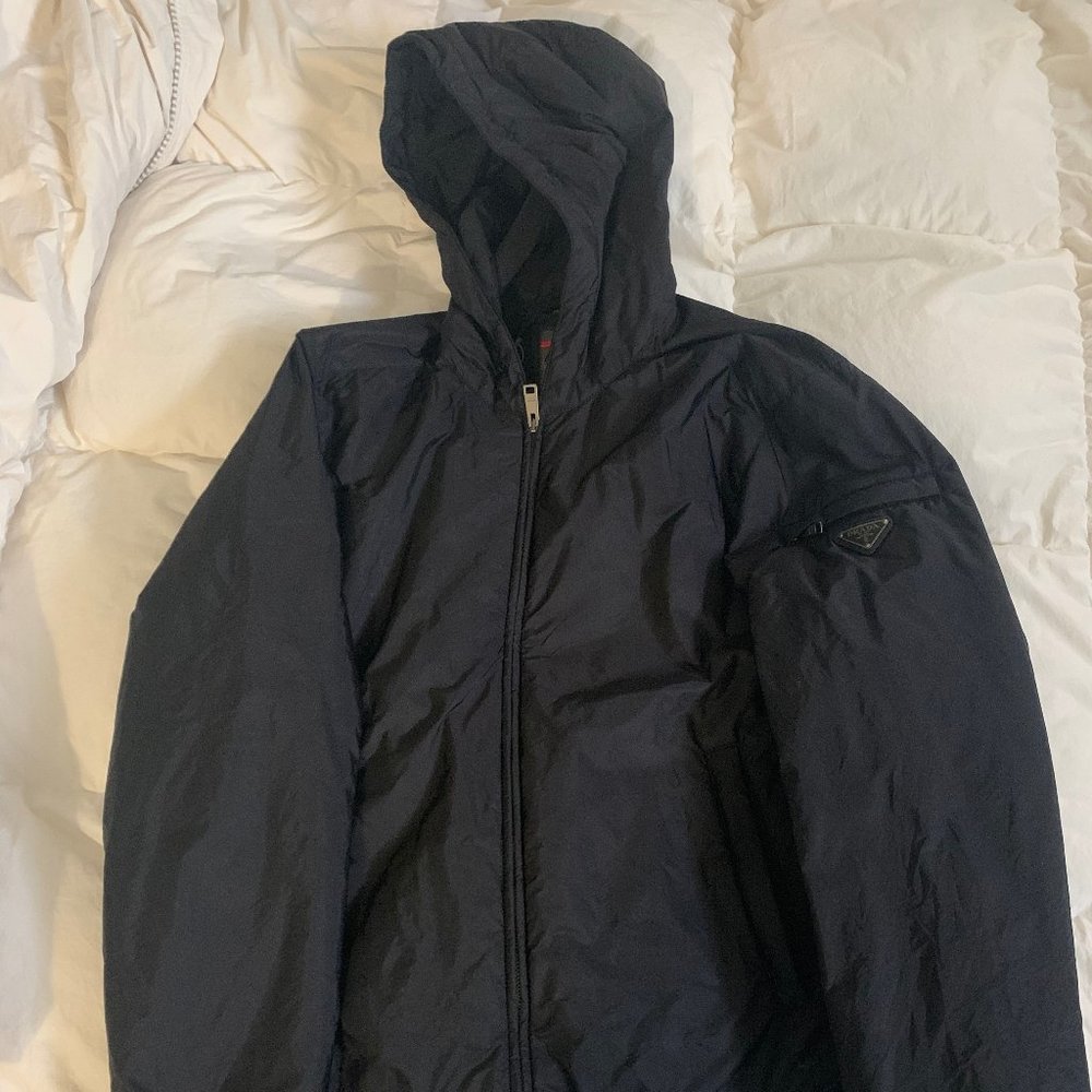 Prada Mens Black Nylon Hooded Jacket (Size L)